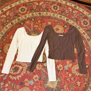 Olive & Oak Scoop Neck Long Sleeve Tops - Brown & Cream
